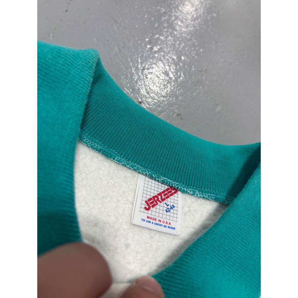 Vintage Jerzees Golf Landscape Sweatshirt White Teal Collar Made in USA Large - Picture 2 of 8